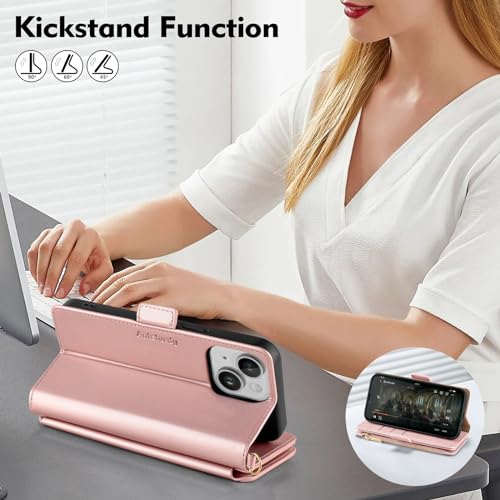 Antsturdy for iPhone 14 Plus Phone Wallet Case Women,Rose Gold | RFID Blocking,with Credit Card Holder Slots,PU Leather Purse,Zipper Pocket,Wrist Strap Kickstand,Flip Folio Cover for Men - color: Rose Gold