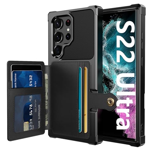 for Samsung Galaxy S22 Ultra Case with Card Holder, Compatible with Magnetic Car Mount, Heavy Duty Shockproof Rugged Soft TPU Back Leather Flip Wallet Cover 6.8 inch, Black - color: Black, size: Samsung Galaxy S22 Ultra