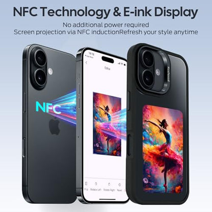 Smart E Ink Phone Case for iPhone 16, 4.0" 4-Color NFC Changing Picture Case, Digital Photo Display Protective Cover, Anti-Drop Water-Resistant, Black