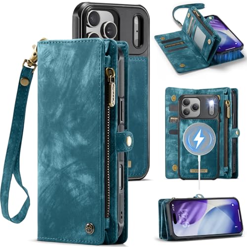 Compatible with iPhone 17 Pro Wallet Case with Magsafe,Blue | Magnetic Detachable Case,Card Holder,Zipper Pocket,Strap Wristlet, Soft Leather Drop-Proof Phone Case for iPhone 17 Pro 6.3" - color: (Detachable and Magsafe)-Blue, size: iPhone 17 Pro 6.3 Inch