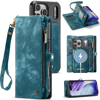 Compatible with iPhone 17 Pro Wallet Case with Magsafe,Blue | Magnetic Detachable Case,Card Holder,Zipper Pocket,Strap Wristlet, Soft Leather Drop-Proof Phone Case for iPhone 17 Pro 6.3" - color: (Detachable and Magsafe)-Blue, size: iPhone 17 Pro 6.3 Inch