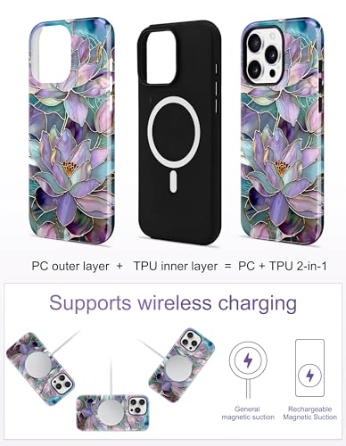 Magnetic Flower Phone Case for iPhone 15, Purple Water Lily | Compatible with MagSafe, Cute Stained Glass Floral Aesthetic, TPU and PC Shockproof Protective Phone Cover for Women Girls - color: Purple Water Lily