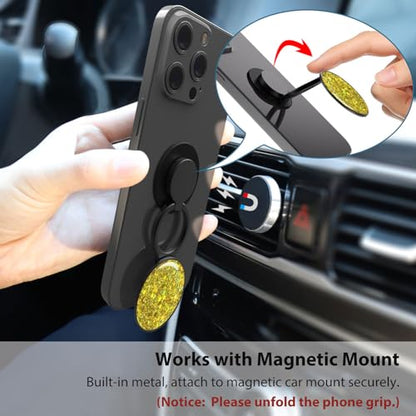 Phone Grip, Phone Ring Holder Finger Kickstand, Foldable & Adjustable Metal Cell Phone Rings Gripper Stand Work with Magnetic Car Mount for iPhone Samsung &Other Phones - Sparkle Yellow - color: Sparkle Yellow
