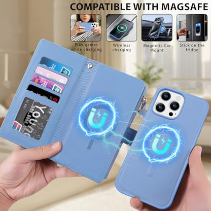 for iPhone 15 Pro Max Case Wallet,Compatible with MagSafe 2 in 1 Magnetic Detachable PU Leather RFID Blocking Wallet Cover Card Holder Zipper Wrist Strap Lanyard,Quilted Blue - color: Quilted Blue, size: iPhone 15 Pro Max