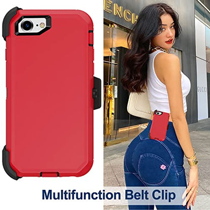for iPhone SE 2020 Case, iPhone 8 Case, iPhone 7 Case with Belt Clip Holster, 2X Screen Protector, Heavy Duty Military Grade Rugged Shockproof Protective Cover for iPhone 7/8/SE 2nd - color: Red