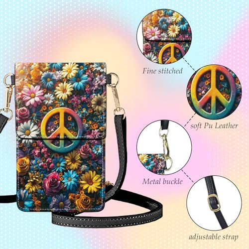 Small Crossbody Bags for Women Touchscreen Cell Phone Bag Cross Body Purses with adjustable Strap,Gifts For Teenage Girls-Vibrant Floral Peace Sign