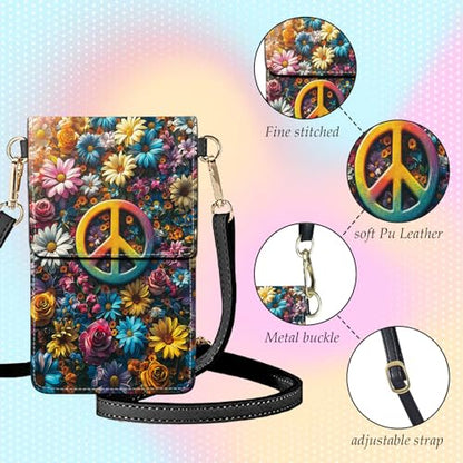 Small Crossbody Bags for Women Touchscreen Cell Phone Bag Cross Body Purses with adjustable Strap,Gifts For Teenage Girls-Vibrant Floral Peace Sign