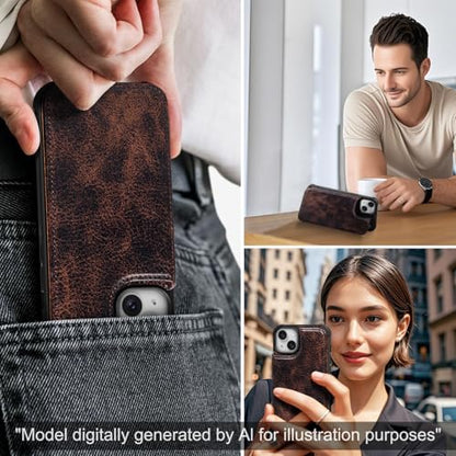 Wallet Real Leather Case Compatible with iPhone 15 6.1" | Genuine Leather,Shockproof, Anti-Fall Case,Flip Cover,with Card Slot,Double Magnetic Buckle,Kickstand,RFID Blocking Coffe - color: Brown Coffee, size: 6.1"-15