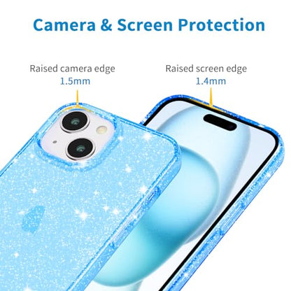 JJGoo Compatible with iPhone 15 Case Glitter, Clear Transparent Soft TPU Sparkle Anti-Scratch Shockproof Protective Phone Bumper, Women Girls Slim Bling Sparkly Phone Case, Translucent Blue - color: Blue, size: for iPhone 15