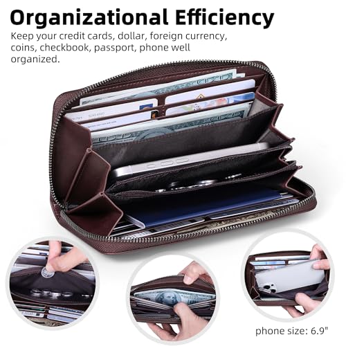 VISOUL Leather Long Zipper Pouch Wallet for Men and Women with RFID Blocking, Large Clutch Cash Long Wallet with Zipper (Coffee) - color: Coffee