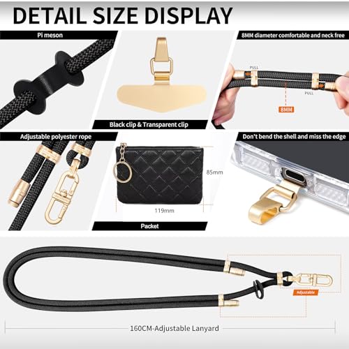 Phone Strap with Leather Zipper Pouch Bag, Hands-Free Phone Charm Holder Neck Strap Stylish Crossbody Adjustable Chain Lanyard with Wallet for All Phones