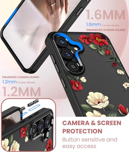 Crystal Clear Flower Pattern Case for Samsung Galaxy S26 FE-Black | Girl Women Slim Soft TPU + Hard PC Military Grade Protective Phone Cover WithTempered Glass Screen Protector for S26 FE - color: S26 FE-Black