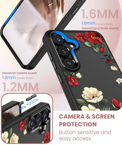 Crystal Clear Flower Pattern Case for Samsung Galaxy S26 FE-Black | Girl Women Slim Soft TPU + Hard PC Military Grade Protective Phone Cover WithTempered Glass Screen Protector for S26 FE - color: S26 FE-Black