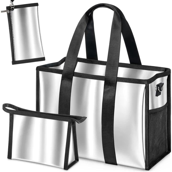 3-Piece Iridescent Beach Bag Set for Women, Large PVC Pool Bag Set | Includes Summer Beach Tote, Cosmetic Bag and Touchscreen Phone Pouch for Pool, Travel and Vacation - color: Silver