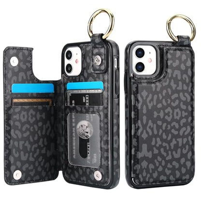 HAOPINSH for iPhone 11 Wallet Case with Card Holder, Black Leopard Cheetah Print Back Flip Folio PU Leather Kickstand Card Slots Case, Finger Grip Ring Double Magnetic Clasp Shockproof 6.1" - color: Black Leopard Grip Ring