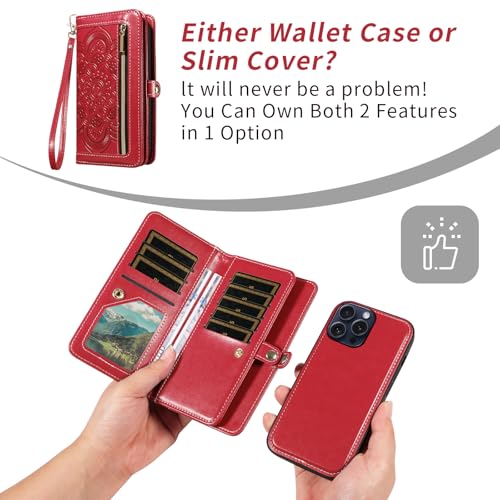 Asuwish Phone Case for iPhone 15 Pro 6.1 inch Zipper Wallet Detachable Cell Cover with Tempered Glass Screen Protector Wrist Strap Mandala Flower Credit Card Holder i Phone15 i15 15Pro Women Men Red - color: Red