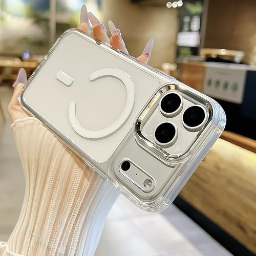 for iPhone 17 Pro Max Clear Case with Electroplated Camera Ring & Buttons, MagSafe Compatible, Military-Grade Shockproof, Anti-Yellowing Slim Transparent Cover - color: White