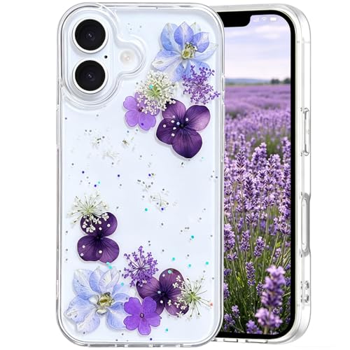 Abbery for iPhone 16 Plus Cute Case Clear Flower Glitter Design, Bling Sparkle Soft TPU Dried Pressed Purple Grape Flowers Women Girls Girly Aesthetic Shockproof Protective Phone Cover - color: Glitter Purple, size: for iPhone 16 Plus