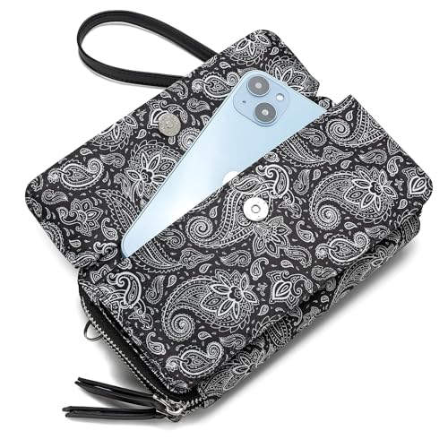 RFID Crossbody Wallet Wristlet Purse with Phone Pocket For Women Vegan Leather - color: Zi-paisley Black