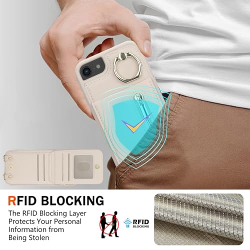 Crossbody Wallet Case for iPhone 7/8/SE 2020/SE 2022, with Card Slots Zipper Pocket Case, Flip Folio Purse RFID Blocking with Ring Kickstand Detachable Strap-Beige - color: Beige, size: iPhone 7/8/SE 2020/SE 2022 (4.7")