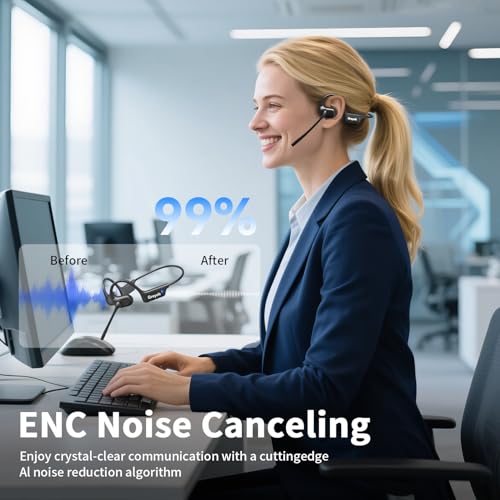 Bluetooth Headset with Microphone,Open Ear Headphones with Mic, Dual Connect Bluetooth 5.4 with AI Noise Cancelling Mic & Mute Function, Wireless Headset for Work