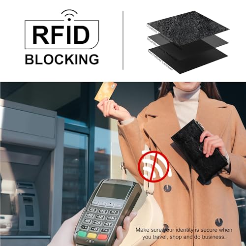 Travelambo RFID Wallet Women Large Size Bifold Multi Card Wallet Case with Zipper Pocke Credit Card Holder for Women - color: Black Wax Leather
