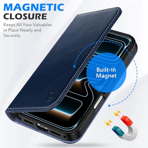 SHIELDON Real Leather Case Wallet for iPhone 17 Pro 6.3", Retro Dark Blue | Folio Design, Magnetic Closure, RFID Blocking, Credit Card Holder, Kickstand, Shock Absorbing Protective Cover - color: Retro Dark Blue