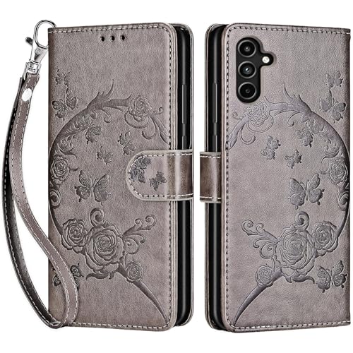 for Samsung Galaxy A15 5G Wallet case, Gray Flower | 3 Card Holders, Kickstand, Shockproof TPU Shell, PU Leather, Magnetic Closure, Protective Flip Folio Cover, Women - color: 9