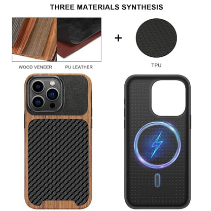 TENDLIN Magnetic Case Compatible with iPhone 15 Pro Max Case Wood Grain with Carbon Fiber Texture Design Leather Hybrid Slim Case (Compatible with MagSafe) Black - color: Magnetic Black, size: iPhone 15 Pro Max