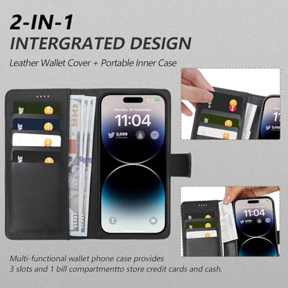 2 in 1 PU Leather for iPhone 15 Pro Case, Detachable Wallet Case with Card Holder, Removable Flip Folio Cover with RFID Blocking, Stand Shockproof Phone Cover（Compatible with MagSafe） Black - color: Black, size: Iphone 15 pro