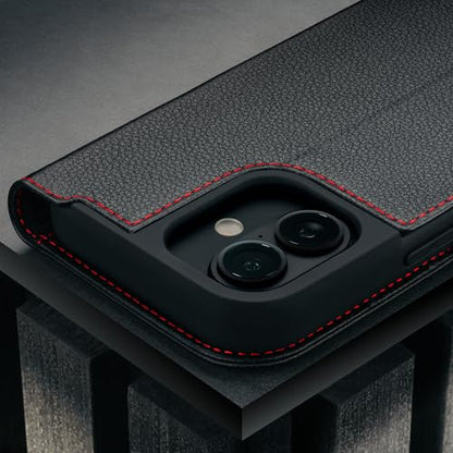 TORRO Leather Case Compatible with iPhone 17 6.3" 2025 - Premium Leather Wallet Flip Case with Kickstand and Card Slots (Compatible with Official MagSafe Chargers) - Black - color: Black with Red Detail, size: iPhone 17
