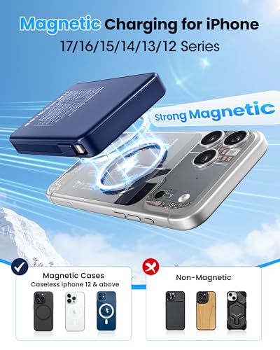 Magnetic Portable Charger, Power Bank Fast Charging 22.5W 10000mAh, Portable Charger with Built in Cable, for Magsafe Battery Pack Compatible with iPhone 17/16/15/14/13/12 Pro/Pro Max, Samsung Blue