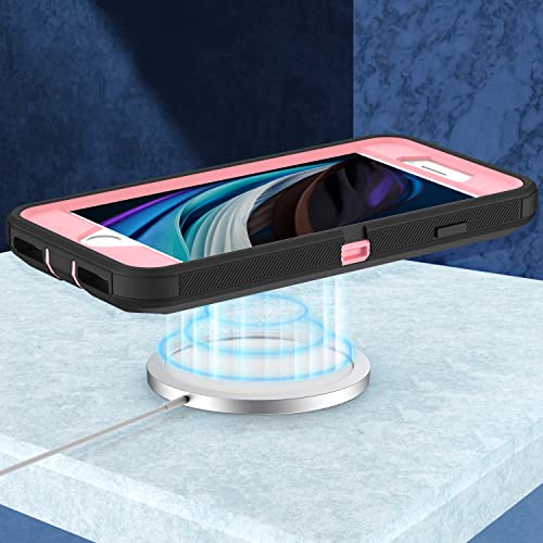 MXX Case Designed for iPhone SE Case 2020/SE 2022 Heavy Duty Protective with Screen Protector [3 Layers] Rugged Rubber Protection Cover & Rotating 360 Degree Belt Clip SE 3rd/2nd Gen(Black/Light Pink) - color: Black/Light Pink
