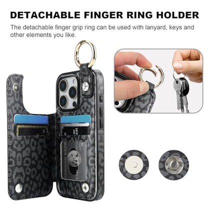 HAOPINSH for iPhone 16 Pro Wallet Case with Card Holder, Black Leopard Cheetah Print Back Flip Folio PU Leather Kickstand Card Slots Case, Finger Grip Ring Double Magnetic Clasp Shockproof 6.3" - color: Blue Florals Grip Ring