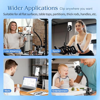 ROCKFREE Clip Phone Holder,Auto-Locking Clamp,360° Rotating Base,9.84" Arm - size: Long-9.84 inch Arm