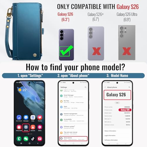 Defencase for Samsung Galaxy S26 Wallet Case with RFID Card Holder, Blue | Durable Soft PU Leather, with Zipper Pocket, Wrist Strap, Fashion Snap Flip S26 Phone Cases Cover with Stand for Women Men - color: Dark Blue