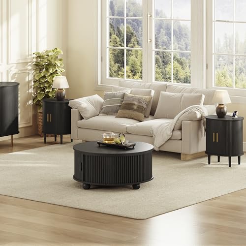 DHH Mid Century Modern Nightstand with Charging Station, Fluted Accent Side Table with Sliding Door & Adjustable Shelf, End Table for Small Space, Living Room, Bedroom,Sofa Couch (1, Black) - color: Black