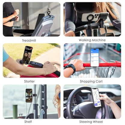 Magnetic Phone Holder for Stroller Bar, Gym Fitness Phone Mount for MagSafe, (Strong Magnet) - 180° Adjustable for Gym, Peloton Exercise Bikes, with Adjustable Strap (Magnetic Ring Included)