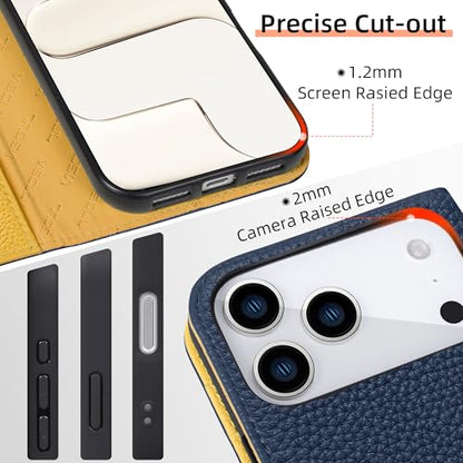 VISOUL Pebbled Leather Wallet Case for iPhone 17 Pro Max 6.9" 2025, Genuine Leather Flip Folio Cover with RFID Blocking Card Holders, Kickstand, Soft TPU Protective Flip Cover -Blue+Yellow - color: Blue+Yellow