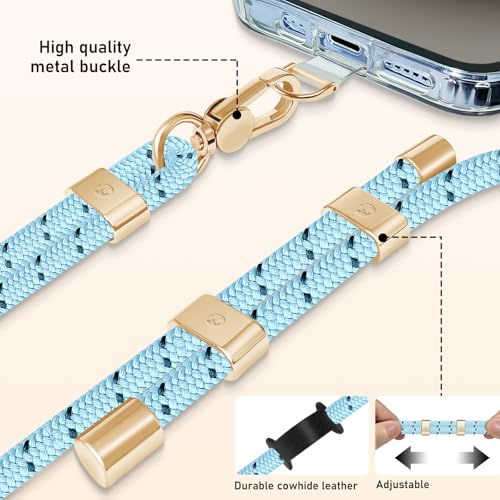 UKON Cell Phone Lanyard,Crossbody Lanyard and Wrist Strap Premium Metal Buckle Phone Charms with 2 X Clear Patch Compatible with All Smartphone(LightBlue) - color: Lightblue