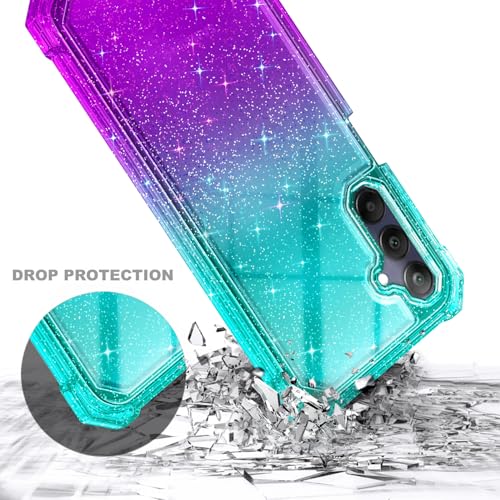 Compatible with Samsung Galaxy A15-5G Phone Case Glitter Aqua/Purple | Full-Body Protective Shockproof Bumper Cover with Tempered Glass Screen Protector, 12FT Military Grade Drop Tested - color: Glitter Aqua/Purple, size: Samsung Galaxy A15-5G