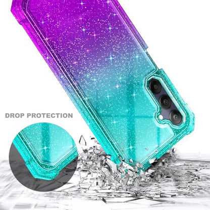 Compatible with Samsung Galaxy A15-5G Phone Case Glitter Aqua/Purple | Full-Body Protective Shockproof Bumper Cover with Tempered Glass Screen Protector, 12FT Military Grade Drop Tested - color: Glitter Aqua/Purple, size: Samsung Galaxy A15-5G