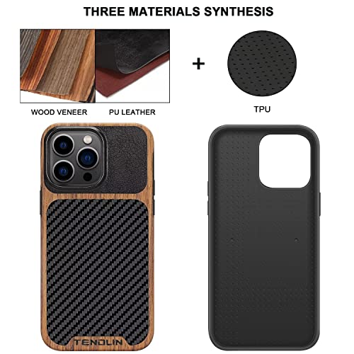 TENDLIN Compatible with iPhone 14 Pro Case Wood Grain with Carbon Fiber Texture Design Leather Hybrid Slim Case Black - color: Black, size: iPhone 14 Pro