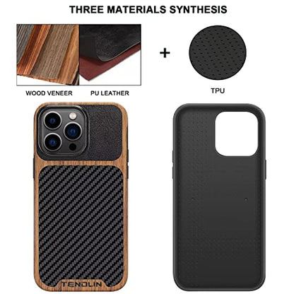 TENDLIN Compatible with iPhone 14 Pro Case Wood Grain with Carbon Fiber Texture Design Leather Hybrid Slim Case Black - color: Black, size: iPhone 14 Pro