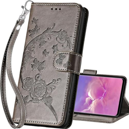 for Samsung Galaxy S10 Wallet case, Gray Flower | 3 Card Holders, Kickstand, Shockproof TPU Shell, PU Leather, Magnetic Closure, Protective Flip Folio Cover, Women - color: 9