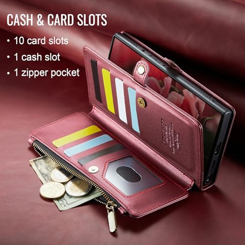 Defencase for Samsung Galaxy S26 Wallet Case with RFID Card Holder, WineRed | Durable Soft PU Leather, with Zipper Pocket, Wrist Strap, Fashion Snap Flip S26 Phone Cases Cover with Stand for Women Men - color: Wine Red