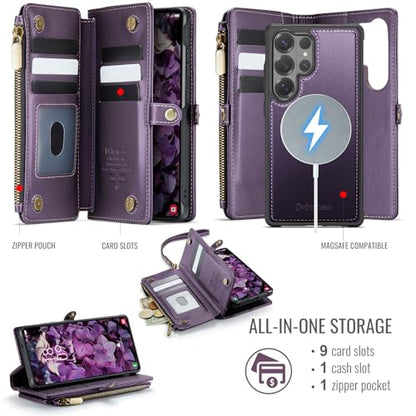 Defencase for Galaxy S26 Ultra Case Wallet Compatible with Magsafe, Purple | Magnetic Detachable, RFID Bolcking Card Holder, Zipper Strap, PU Leather Drop-Proof Phone Cover for Samsung Galaxy S26 Ultra - color: (Detachable with Magsafe)-Purple