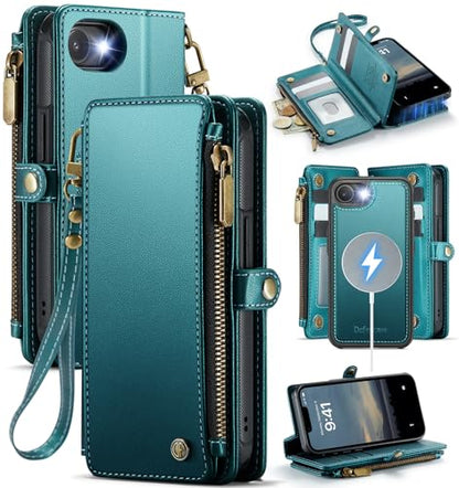 Defencase for iPhone 17e/16e Case Wallet Compatible with Magsafe, Bluegreen | Drop-Proof Magnetic Detachable Phone Cases Cover, with RFID Bolcking Card Holder, Zipper Strap, PU Leather, Removable Wallet - color: (Detachable with Magsafe)-Blue Green