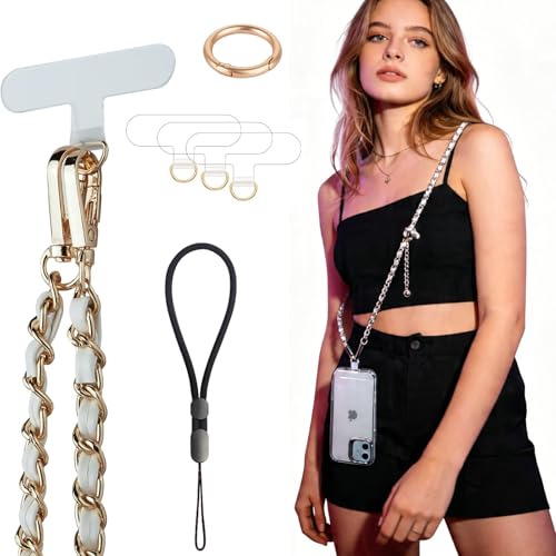 Crossbody Phone Lanyard Chain Shoulder Cell Phones Strap Charm Neck Chain with Wrist Strap 3 Pad Patches Tether Anti Theft Universal for iPhone 17 Pro Max 16 15 Samsung S25 Adjustable White - color: Adjustable-white