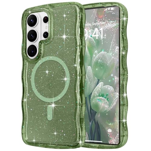 Pepmune Magnetic for Samsung Galaxy S26 Ultra Case Clear, Sparkly Bling Glitter Cute Wave Edge Cover for Women Men Compatible with MagSafe TPU Shockproof Phone Case for Samsung Galaxy S26 Ultra, Green - color: Green, size: Samsung Galaxy S26 Ultra